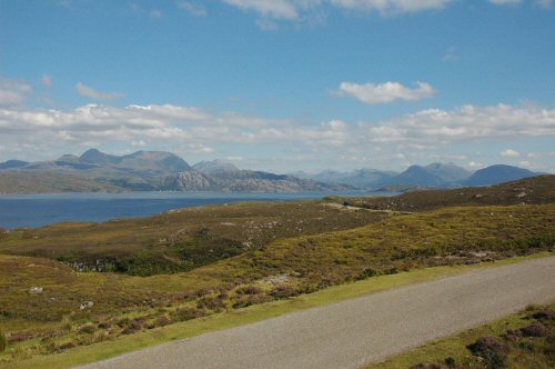 A spectacular view from the Applecross Coast Road looking across Loch Torridon towards the Torridon Hills.